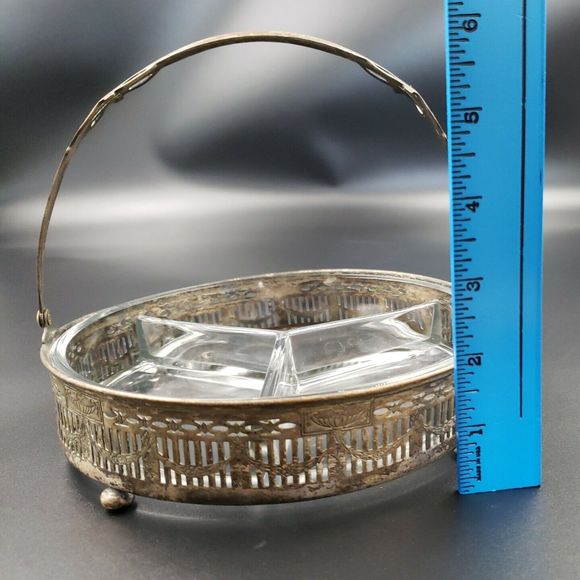 Art Nouveau Divided Glass Bowl with Distressed Silver Plate Holder Candy Snacks - Picture 6 of 16